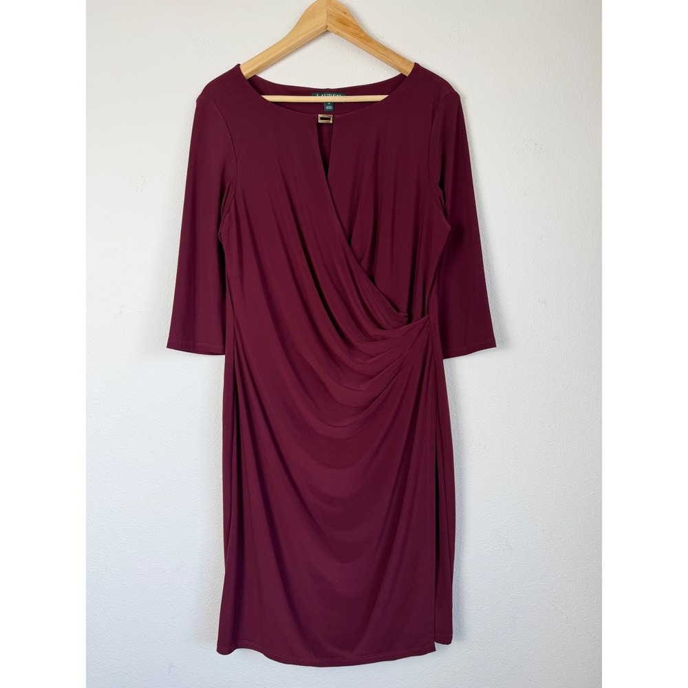 Lauren Ralph Lauren Womens Ruched Wrap Dress 16 Burgundy Gold Buckle 3/4 Sleeve